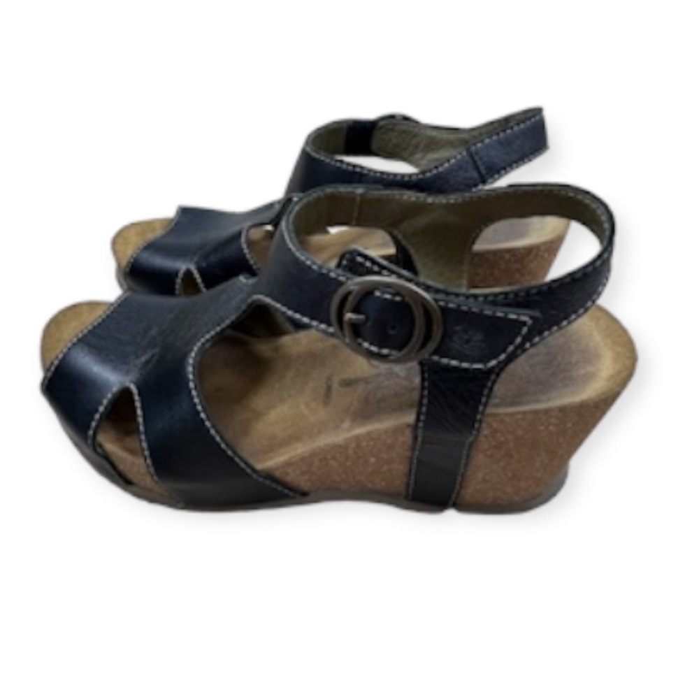 Fly London Goda Wedge Sandal Leather Cork 37 Black - Picture 4 of 12